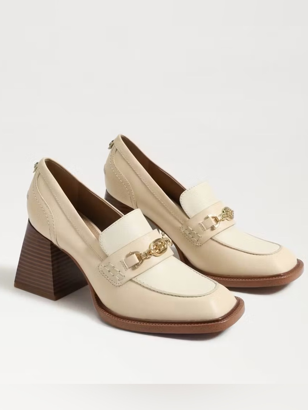 Sam Edelman Quincy Cream Leather Block Heel Loafers with Gold Chain Accent 38.5